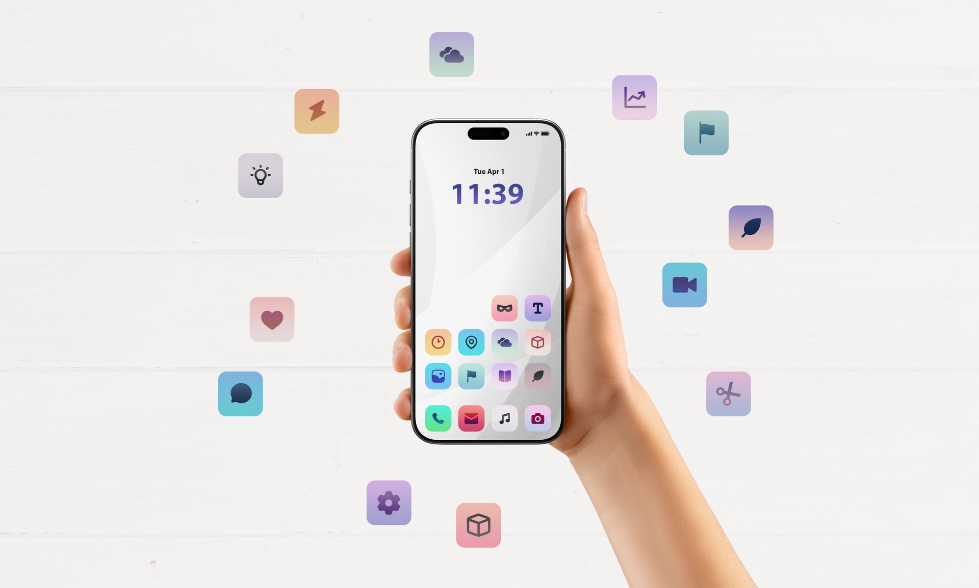 Bright mobile interface with floating icons against white background, perfect for app promotion or UI/UX design showcase